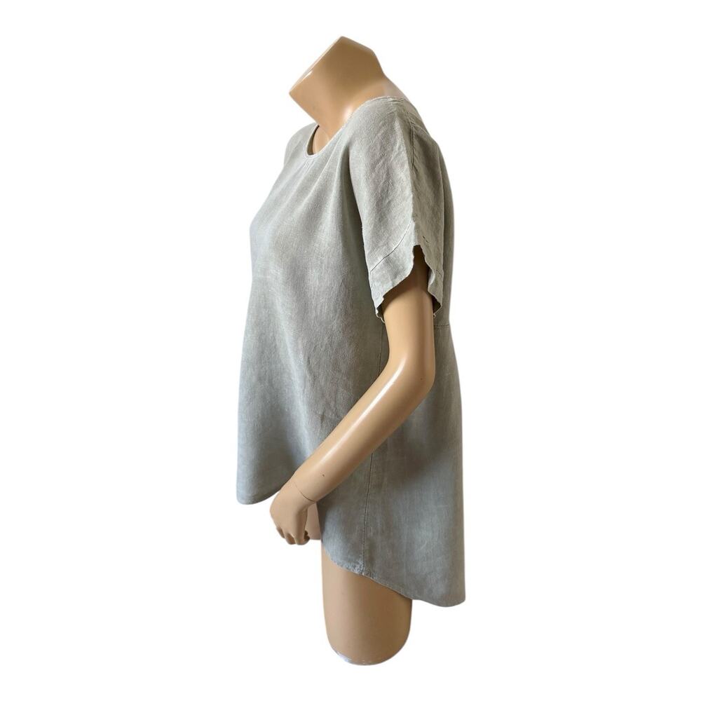 Terzo Millennio Olive Linen Tunic Top Short Sleeve Size Medium Back Button Italy - Picture 2 of 8